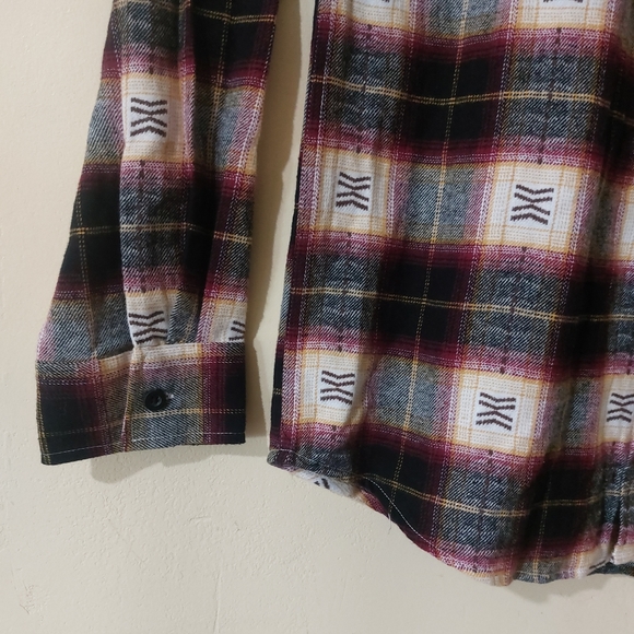 PacSun Womens Medium Burgundy Yellow "Care Free" Patch Plaid Flannel Button Up - Picture 5 of 11